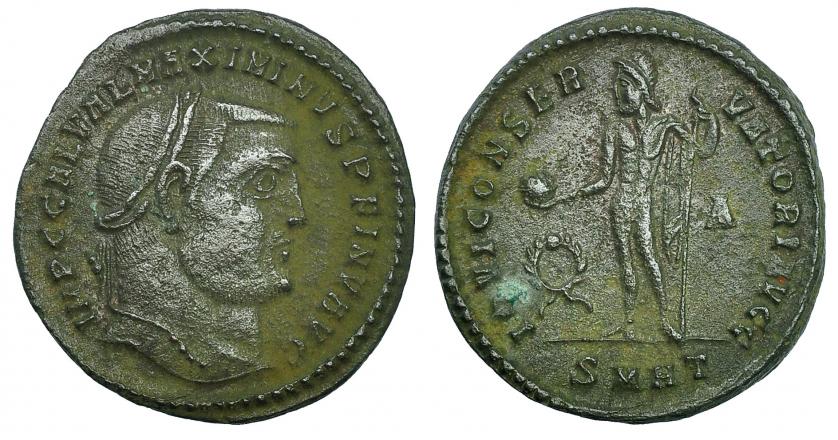 346   -  MAXIMINO II. Follis. Heraclea. R/ IOVI CONSERVATORI AVGG; en campo corona-A, exergo SMHT. RIC-69 vte. Leve oxidación. MBC.