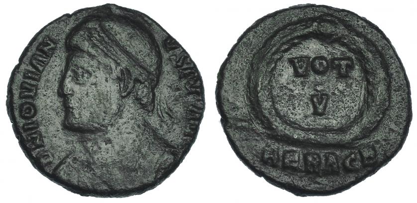357   -  JOVIANO. Centenional. Heraclea (363-364). R/ Láurea rodeando VOT./V. Marca de ceca HERACE. RIC-108. BC+/MBC-. Escasa.