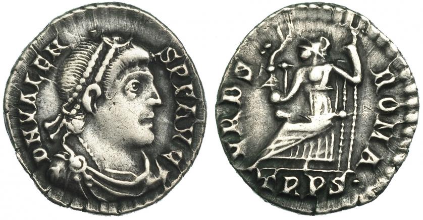 359   -  VALENTE. Silicua. Tréveris (364-373). R/ Roma entronizada a izq. con lanza y Victoria sobre globo; VRBS ROMA, en exergo TRPS. RIC-27b.