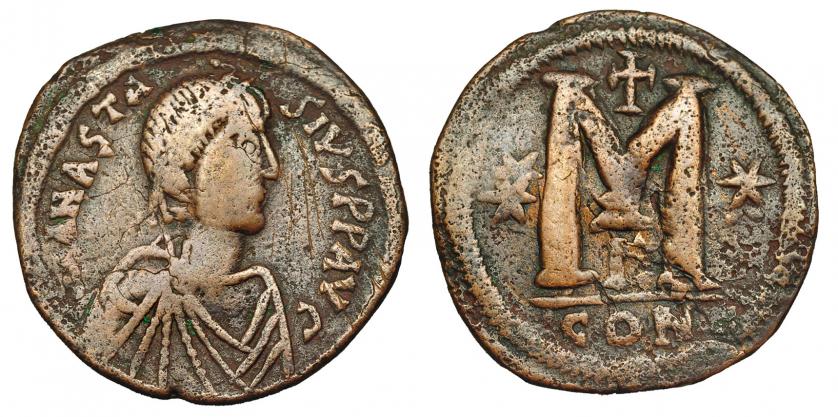 364   -  ANASTASIO I. Follis. Constantinopla (498-518). R/ Marca de oficina G. SBB- 19. Finas rayas. MBC-. 