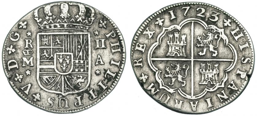 403   -  2 reales 1723. Madrid. A. VI-624. Pequeña grieta. MBC.