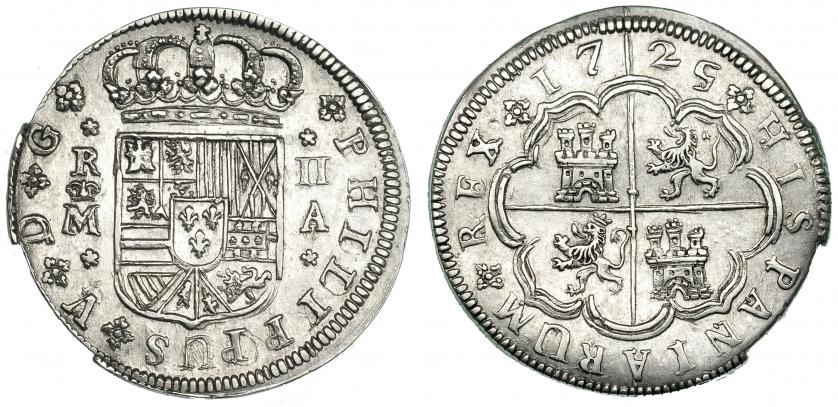 405   -  2 reales 1725,  invertido. Madrid A. VI-637. Rebaba en canto. EBC/EBC-.