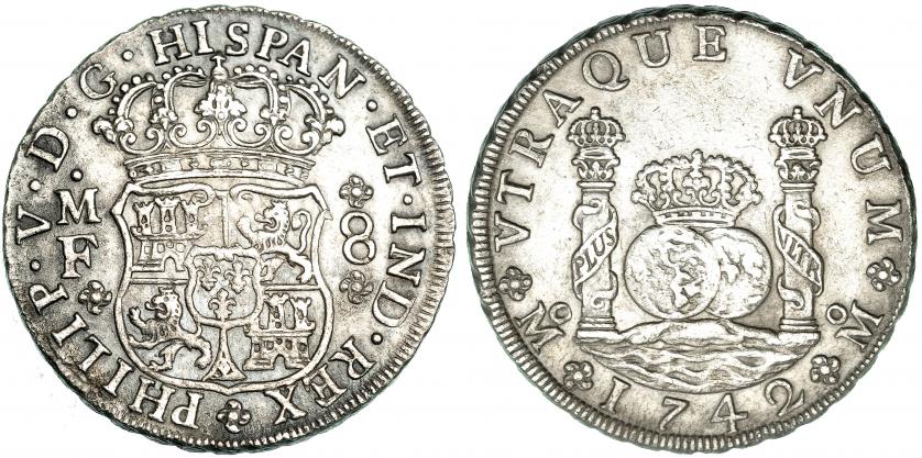 409   -  8 reales 1742. México MF. VI-1150. Levísimas oxidaciones marinas. MBC+.