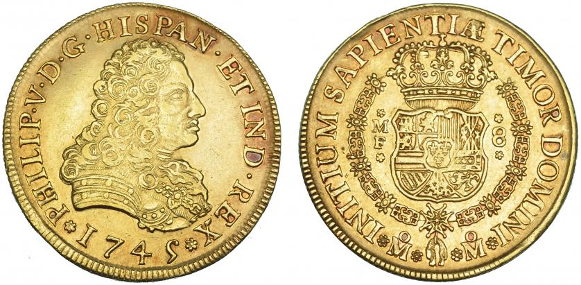 412   -  8 escudos. 1745. México. MF. VI-1744. Golpecito en canto. EBC-/EBC.