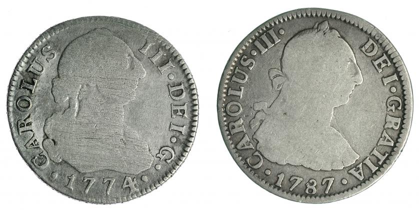 425   -  Lote 2 piezas de 2 reales: Madrid 1774 (1) y México 1789 (1). BC/MBC-.