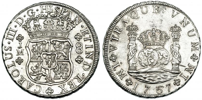 431   -  8 reales. 1767. Lima JM. VI-878. Ligeramente abrillantada. Raya en rev.