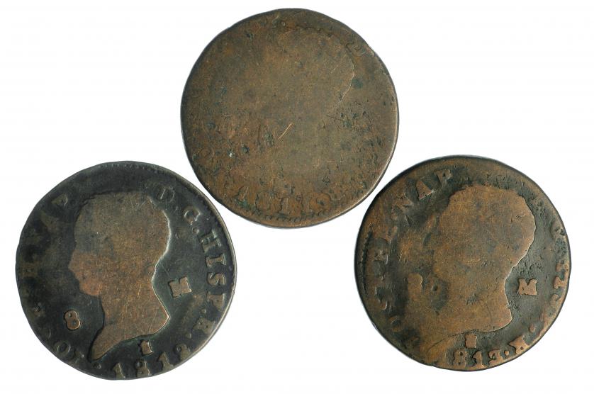 459   -  Lote 3 monedas de 8 maravedís. Segovia, de 1811 a 1813. Muy interesante. BC/BC+.