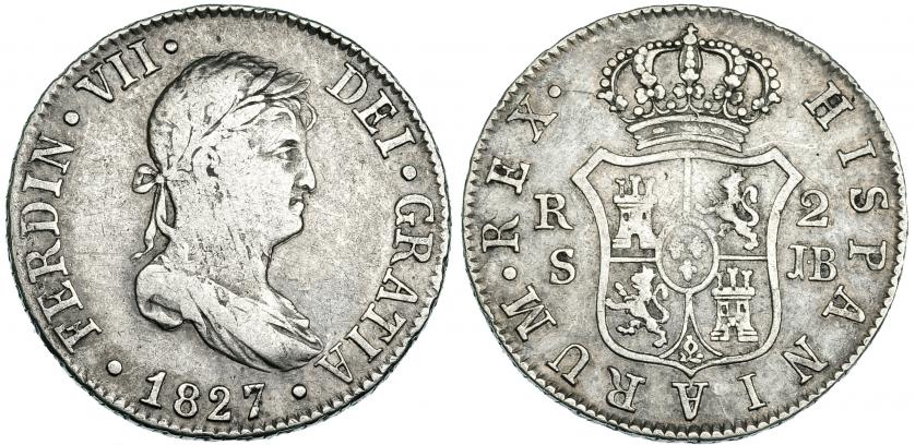 466   -  2 reales. 1827. Sevilla JB. VI-785. Rayitas. MBC-.