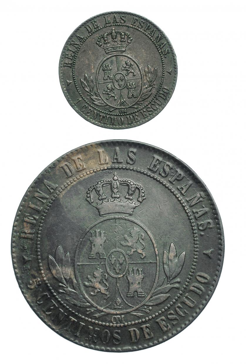 479   -  Lote 2 piezas: 1 céntimo de escudo 1867 y 5 céntimos 1866. Segovia OM. MBC+.