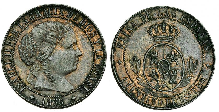484   -  Céntimo de escudo. 1866. Jubia, sin OM. VI-171. Golpecito en gráfila. R.B.O. EBC-. Muy escasa.