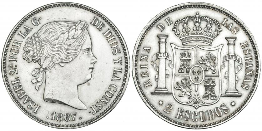 498   -  2 escudos. 1867. Madrid. VI-538. Limpiada. EBC.