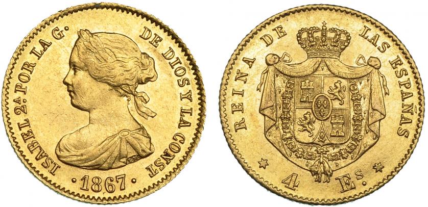 500   -  4 escudos. 1867. Madrid. VI-572. B.O. EBC.