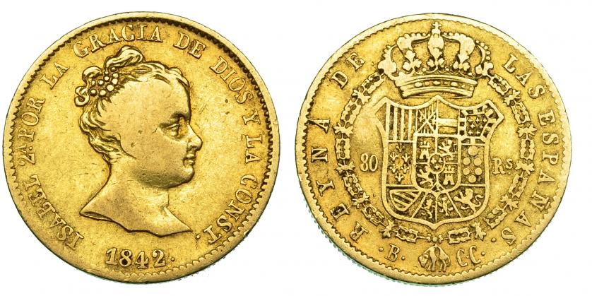 501   -  80 reales. 1842. Barcelona. CC. VI-585. BC+/MBC-.