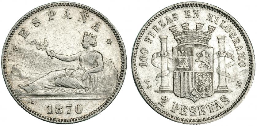 504   -  2 pesetas. 1870 *18-75. Madrid SNM. VII-20. Fina raya. MBC.