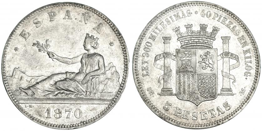 505   -  5 pesetas. 1870 *18-70. Madrid. SNM. VII-22. MBC+.