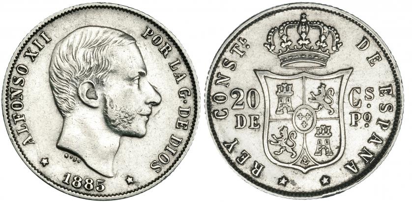 509   -  20 centavos de peso. 1885. Manila. VII-69. Limpiada. MBC+.