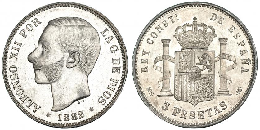 514   -  5 pesetas. 1882* 18-82. Madrid. MSM. VII-88. Pequeñas marcas. R.B.O. EBC+.