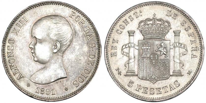 532   -  5 pesetas. 1891* 18-91. Madrid. PGM. VII-182. Ligera pátina. EBC.