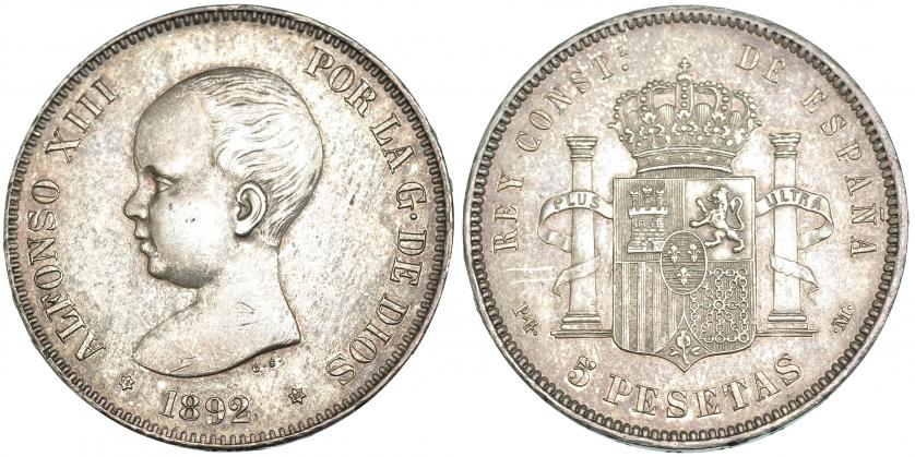 533   -  5 pesetas. 1892* 18-92. Madrid. PGM. VII-183. Ligeramente abrillantada. EBC.