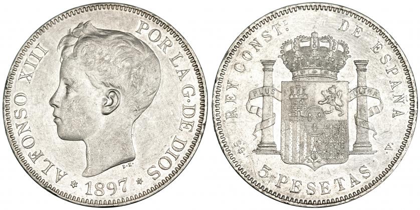 542   -  5 pesetas 1897* 18-97. Madrid. SGV. VII-189. Superficies gratads. MBC+/EBC-.