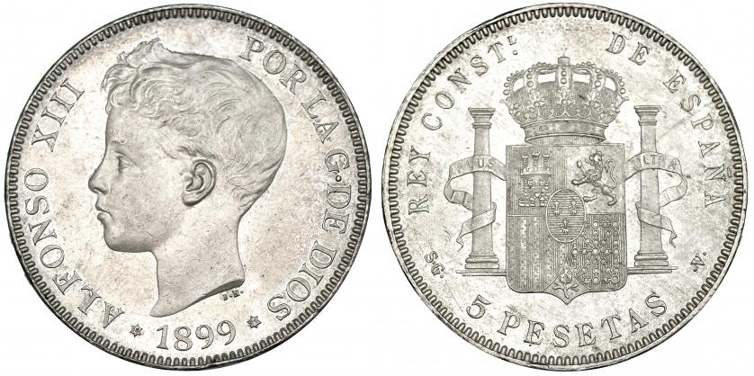 547   -  5 pesetas. 1899* 18-99. Madrid. SGV. VII-191. Golpecito en canto. Ligera pátina. SC.