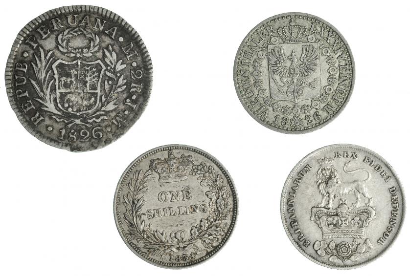 576   -  Lote 4 monedas módulo cuarto de "duro": chelín 1826 y 1834, 2 reales 1826 Lima, 1/6 de tálero 1826 Prusia. Calidad media MBC.