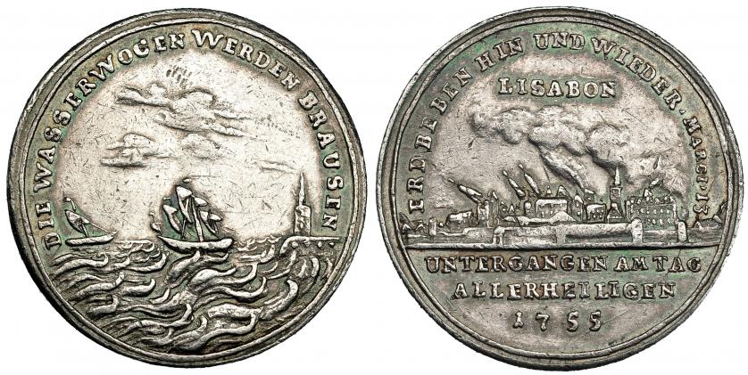 577   -  ALEMANIA. Medalla conmemorativa del incendio de Lisboa 1755. AG 9.55 g. 30 mm. Escasa. MBC+.