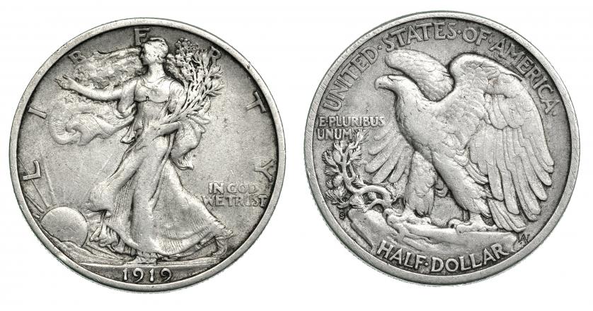 587   -  ESTADOS UNIDOS. 1/2 dólar. 1919 S. KM-142. MBC. Escasa.