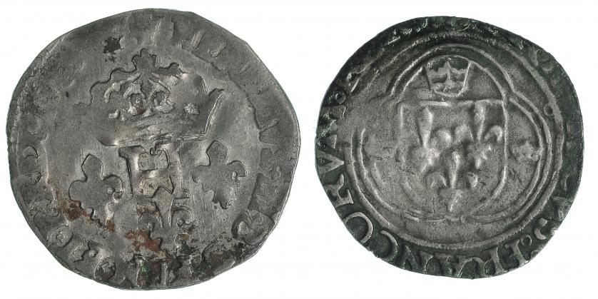 590   -  FRANCIA. Lote 2 monedas: blanca Carlos VII (1422-61) y doble sol Parisis fecha invisible Enrique III. BC+/MBC-.