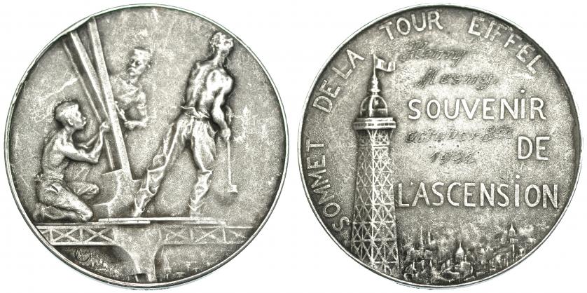 591   -  FRANCIA. Medalla recuerdo de la subida a la Torre Eiffel HENRY MESNY OCTOBER 8TH 1921. Metal blanco. 41 mm. MBC.