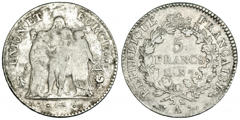 596   -  FRANCIA. 5 francos. Año 7 A. KM 639.1. BC-/BC+.