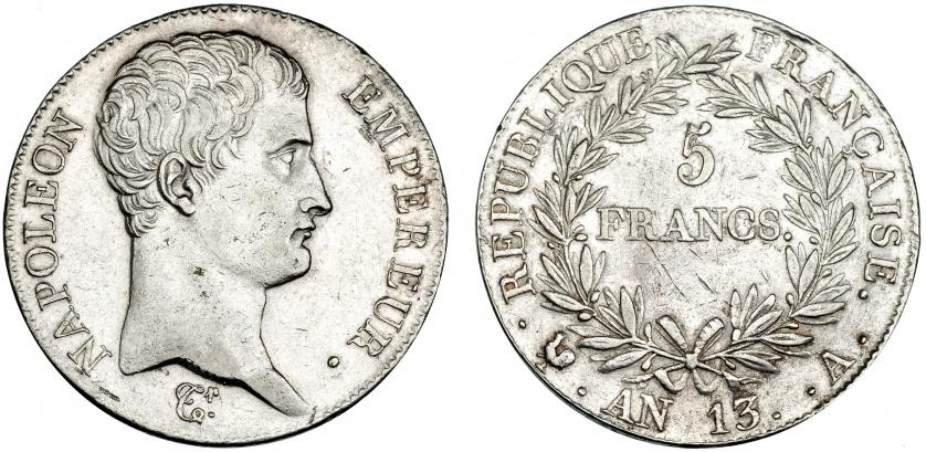 599   -  FRANCIA. Napoleón Bonaparte. 5 francos. AN. 13 A. KM-662.1. Rayitas. MBC+.
