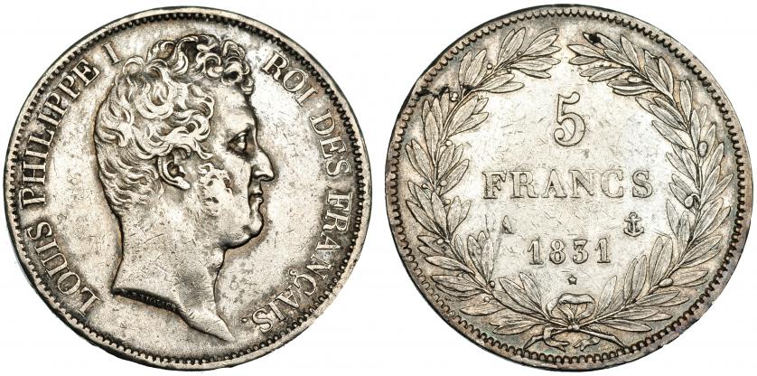 606   -  FRANCIA. 5 francos. 1831 A. KM 745.1. Pequeñas marcas. MBC.