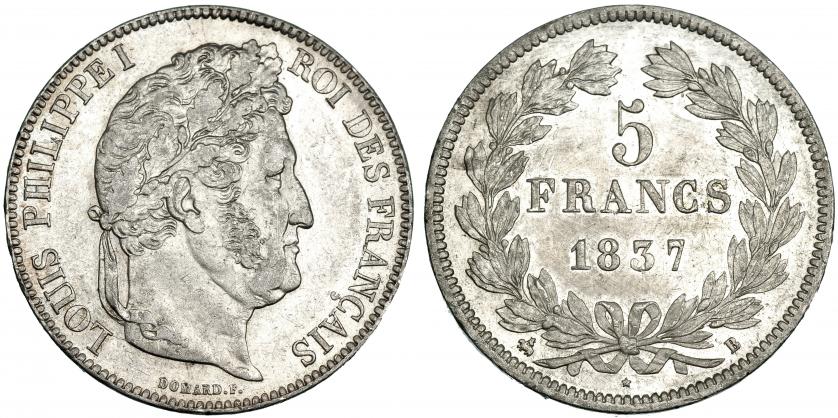 610   -  FRANCIA. 5 francos. 1837 B. KM 749.2. MBC+.