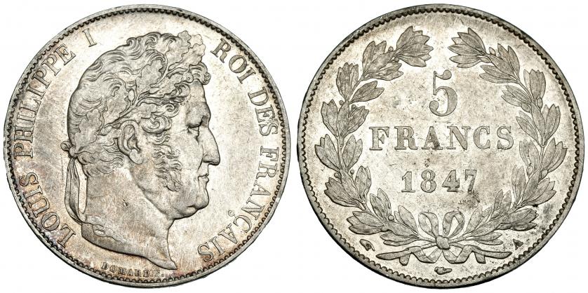 612   -  FRANCIA. 5 francos. 1847 A. KM 749.1. EBC-/MBC.