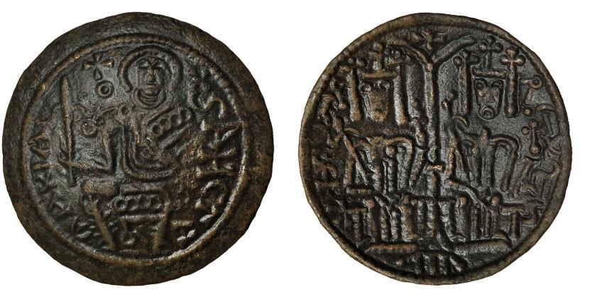 622   -  HUNGRÍA. Esteban IV (1162-1163). Bronce. A/ Bela II y Esteban IV sentados. R/ María entronizda con el niño; SANCTA MARIA.CNHung.-98. EBC-.