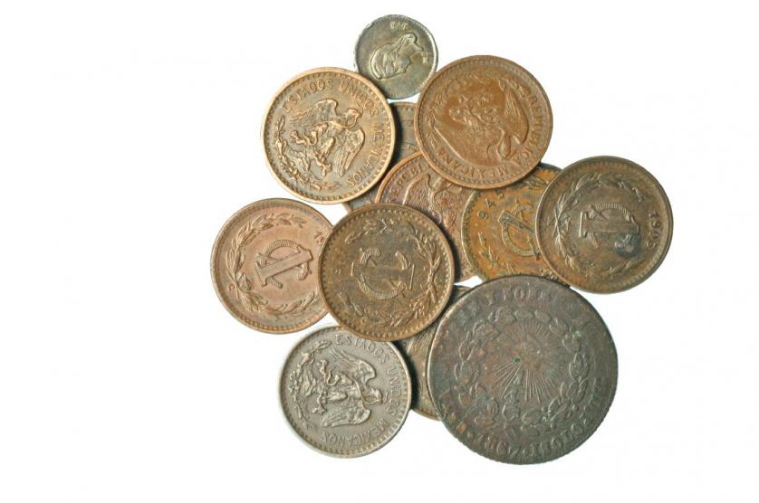 636   -  MÉXICO. Lote 12 monedas: 1 centavo (10), 1/4 plata (1), 1/4 cobre (1). MBC/MBC+.