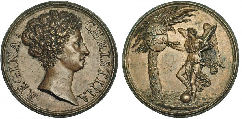 645   -  SUECIA. Cristina de Suecia. Medalla. Sin fecha (1680). R/ Genio alado con palma escribiendo sobre escudo en una palmera. G. D. MAXIMA. Grabador: I. H. F. (Giovanni Hamerani). EBC.