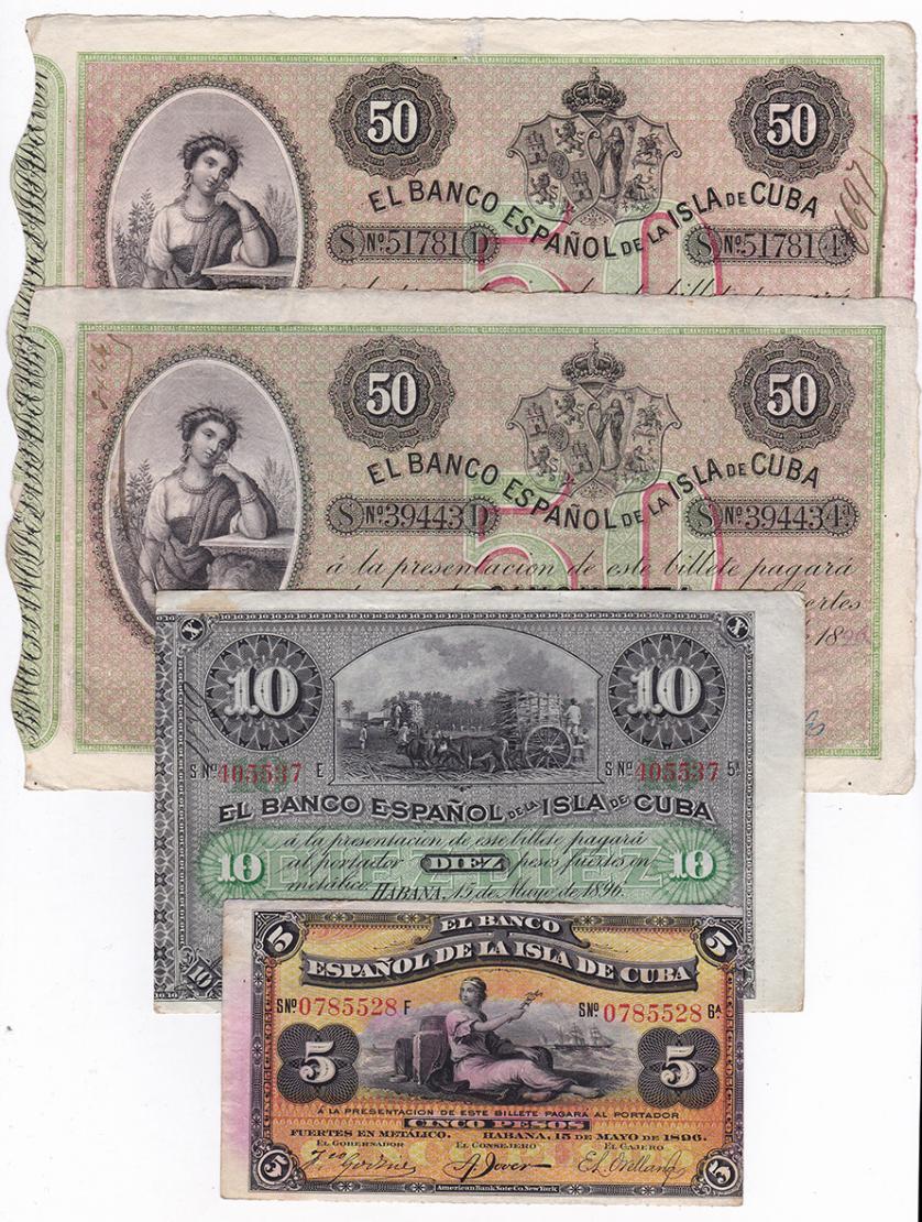 649   -  BANCO ESPAÑOL DE LA ISLA DE CUBA. Lote 4 billetes: 5, 10 y 50 pesos con y sin PLATA en rev. Mayo 1896. De MBC a EBC.