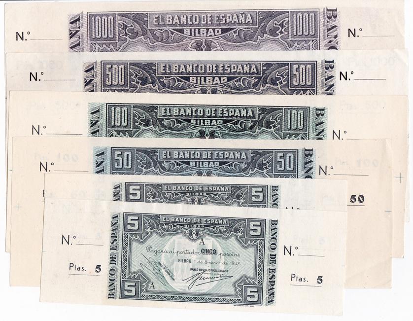 650   -  BANCO DE ESPAÑA EN BILBAO. Lote de 6 billetes 1-1937: 5 (2), 50, 100, 500 y 1.000 ptas. Pequeñas arrugas y daños en esquinas, con doble matriz y sin numeración. SC.