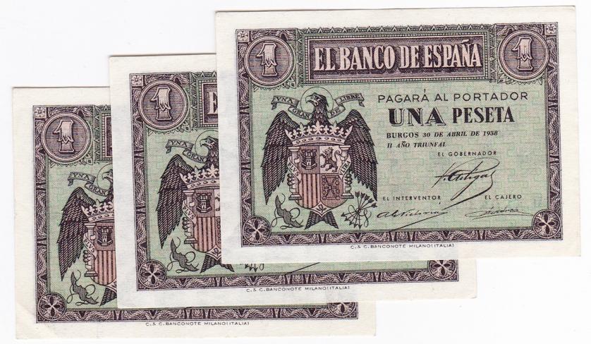 652   -  BANCO DE ESPAÑA. BURGOS. 1 peseta.4-1938. Trío correlativo. Serie H. ED-D29a. SC.