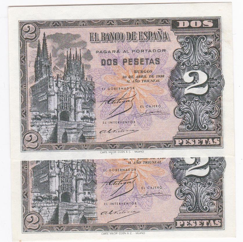653   -  BANCO DE ESPAÑA. BURGOS. 2 pesetas.4-1938. Pareja correlativa. Serie D. ED-D30a. SC.