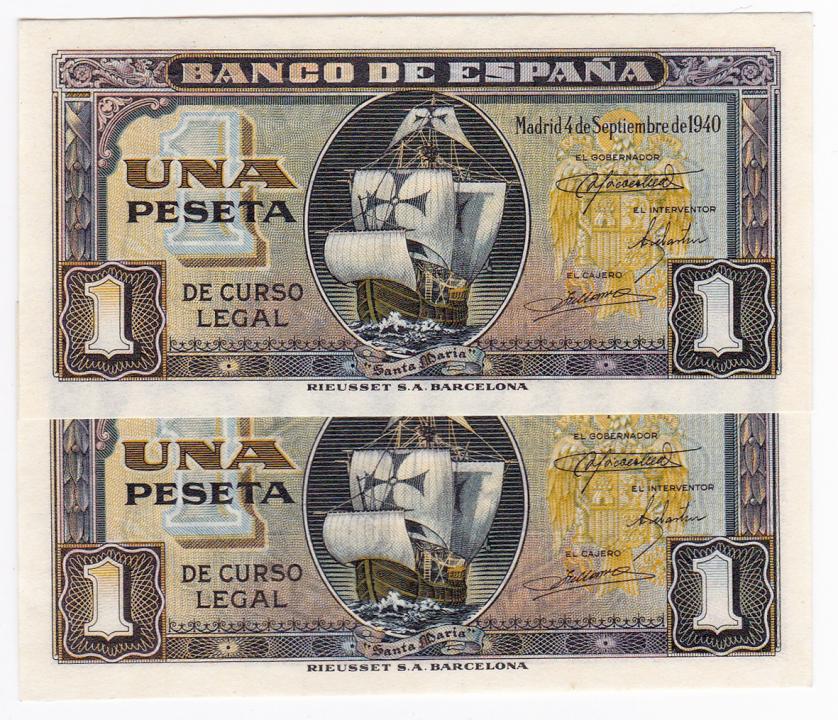 654   -  BANCO DE ESPAÑA. 1 peseta. 9-1940. Pareja correlativa. Serie E. ED-D43a. SC.
