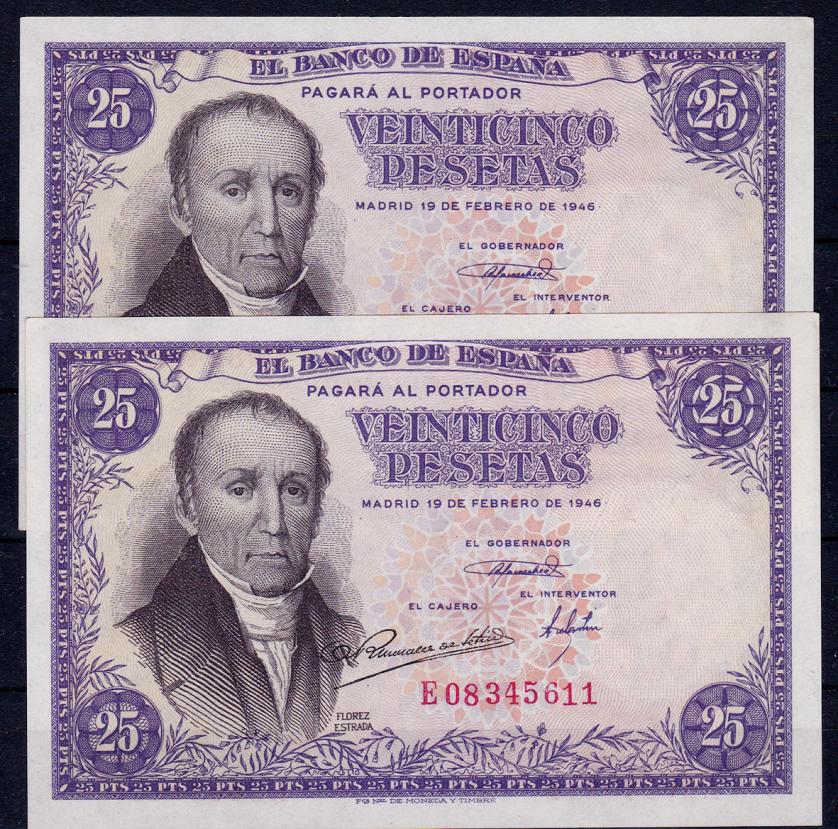 655   -  BANCO DE ESPAÑA. 25 pesetas. 2-1946. Pareja correlativa. Serie E. Ed-61a. SC.