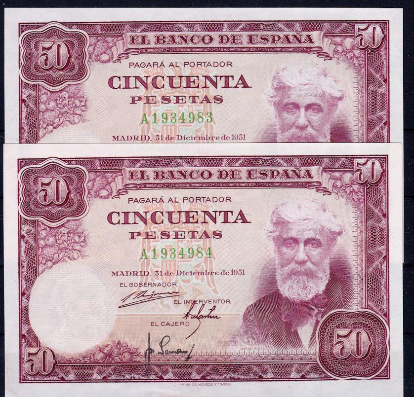 656   -  BANCO DE ESPAÑA. 50 pesetas. 12-1951. Pareja correlativa. Serie A. ED-D63a. SC.