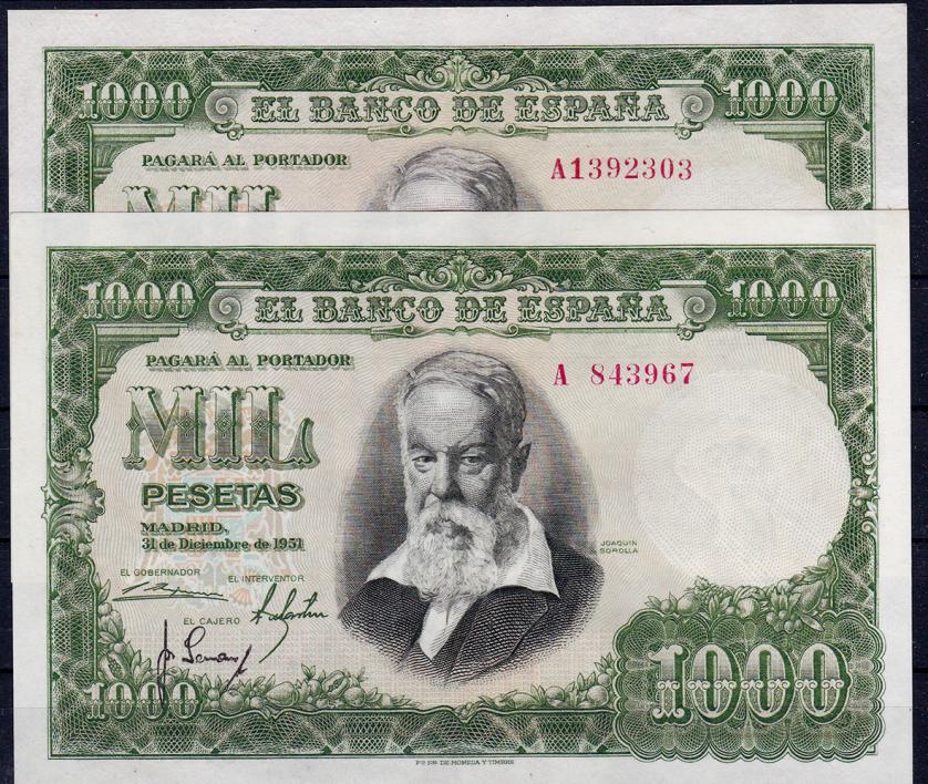 657   -  BANCO DE ESPAÑA. 1000 pesetas. 12-1951. Lote 2 billetes. Serie A. ED-D64a. EBC-.