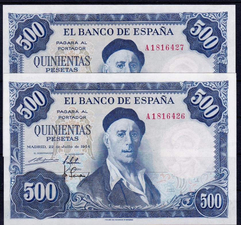 658   -  BANCO DE ESPAÑA. 500 pesetas. 7-1954. Pareja correlativa. Serie A. ED-D69a. SC.