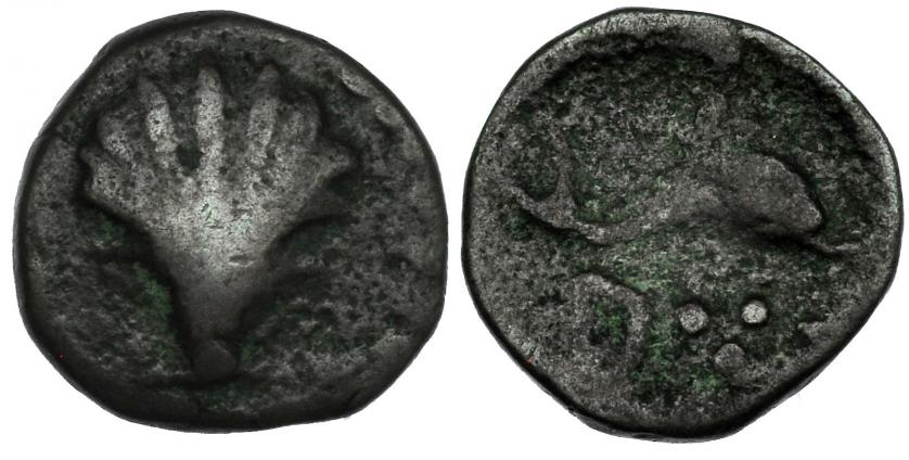 66   -  ARSE-SAGUNTUM. Cuarto. A/ Venera. R/ Delfín, tres glóbulos y signo ibérico A. AE 2,55 g. CNH-34. I-2055. ACIP-2055. BC. Rara.