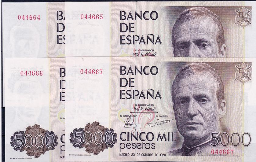 660   -  BANCO DE ESPAÑA. 5000 pesetas. 10-1979. Cuatro billetes correlativos. Sin serie. ED-E-40. SC.