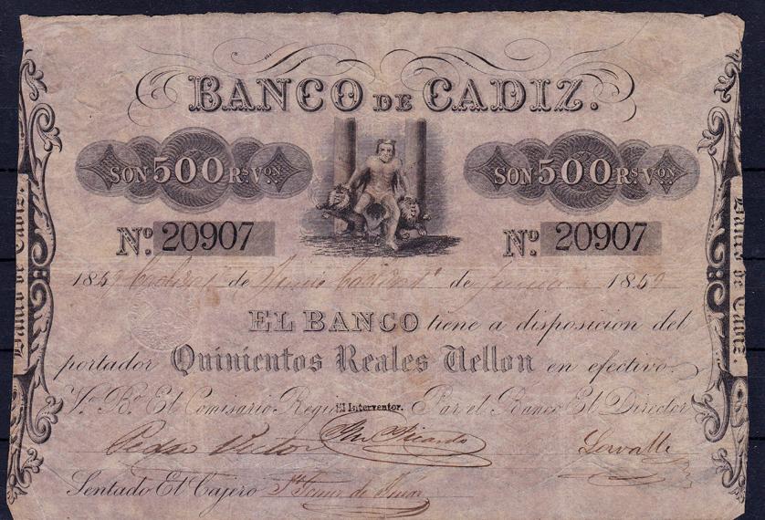 661   -  BANCO DE CÁDIZ. 500 reales de vellón. 1859. I emisión. ED-A68. Rotura en la esquina inferior izq. MBC-.